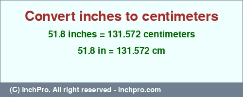 51.8 inches to cm is equal to 131.572 (cm) Result converting 51.8 inches to cm = 131.572 centimeters