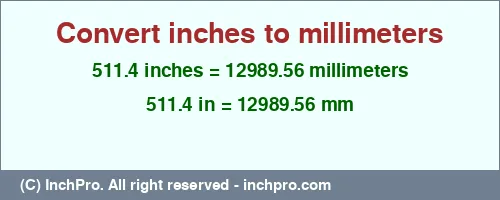511.4 inches to mm is equal to 12989.56 (mm) Result converting 511.4 inches to mm = 12989.56 millimeters