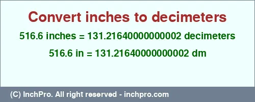516.6 inches to dm is equal to 131.21640000000002 (dm) Result converting 516.6 inches to dm = 131.21640000000002 decimeters