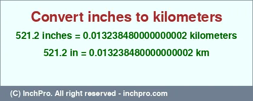 521.2 inches to km is equal to 0.013238480000000002 (km) Result converting 521.2 inches to km = 0.013238480000000002 kilometers