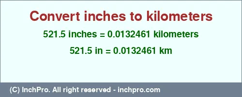 521.5 inches to km is equal to 0.0132461 (km) Result converting 521.5 inches to km = 0.0132461 kilometers