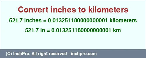 521.7 inches to km is equal to 0.013251180000000001 (km) Result converting 521.7 inches to km = 0.013251180000000001 kilometers