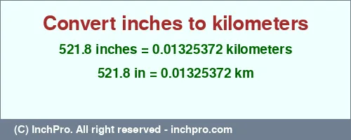 521.8 inches to km is equal to 0.01325372 (km) Result converting 521.8 inches to km = 0.01325372 kilometers