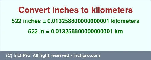 522 inches to km is equal to 0.013258800000000001 (km) Result converting 522 inches to km = 0.013258800000000001 kilometers