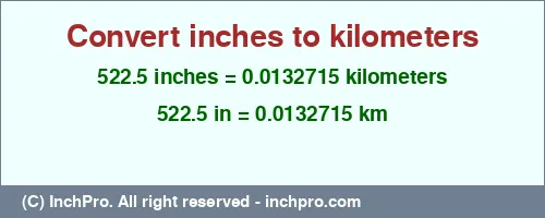 522.5 inches to km is equal to 0.0132715 (km) Result converting 522.5 inches to km = 0.0132715 kilometers