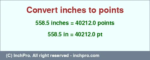 558.5 inches to pt is equal to 40212.0 (pt) Result converting 558.5 inches to pt = 40212.0 points