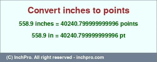 558.9 inches to pt is equal to 40240.799999999996 (pt) Result converting 558.9 inches to pt = 40240.799999999996 points