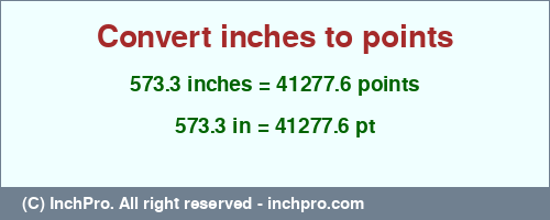 573.3 inches to pt is equal to 41277.6 (pt) Result converting 573.3 inches to pt = 41277.6 points