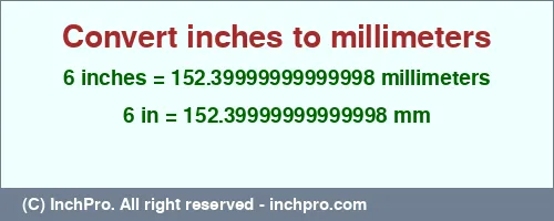 6 inches to mm is equal to 152.39999999999998 (mm) Result converting 6 inches to mm = 152.39999999999998 millimeters