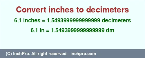 6.1 inches to dm is equal to 1.5493999999999999 (dm) Result converting 6.1 inches to dm = 1.5493999999999999 decimeters