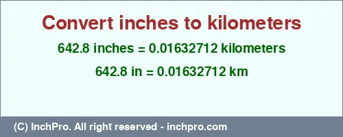 642.8 inches to km is equal to 0.01632712 (km) Result converting 642.8 inches to km = 0.01632712 kilometers