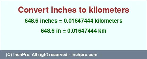 648.6 inches to km is equal to 0.01647444 (km) Result converting 648.6 inches to km = 0.01647444 kilometers