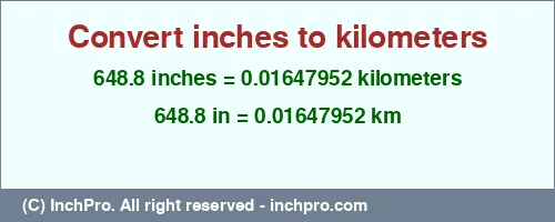 Result converting 648.8 inches to km = 0.01647952 kilometers