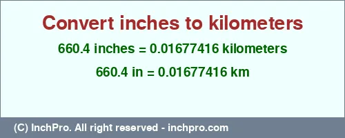 660.4 inches to km is equal to 0.01677416 (km) Result converting 660.4 inches to km = 0.01677416 kilometers