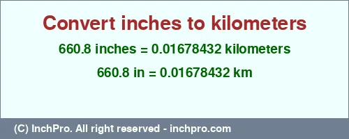 660.8 inches to km is equal to 0.01678432 (km) Result converting 660.8 inches to km = 0.01678432 kilometers