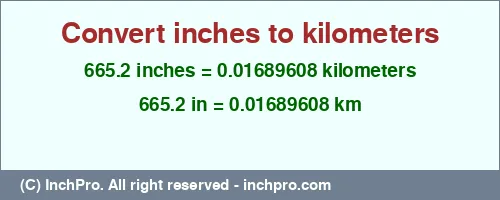 665.2 inches to km is equal to 0.01689608 (km) Result converting 665.2 inches to km = 0.01689608 kilometers