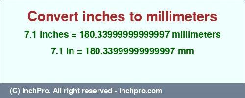 Result converting 7.1 inches to mm = 180.33999999999997 millimeters