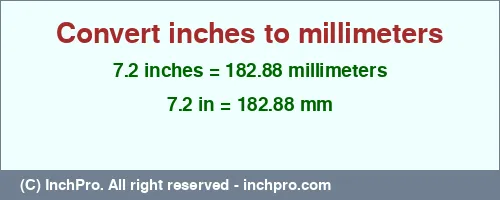 7.2 inches to mm is equal to 182.88 (mm) Result converting 7.2 inches to mm = 182.88 millimeters