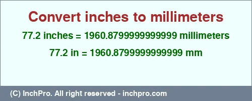 77.2 inches to mm is equal to 1960.8799999999999 (mm) Result converting 77.2 inches to mm = 1960.8799999999999 millimeters