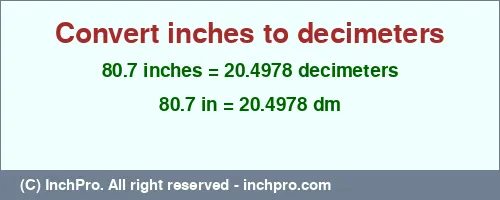 80.7 inches to dm is equal to 20.4978 (dm) Result converting 80.7 inches to dm = 20.4978 decimeters