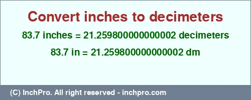 83.7 inches to dm is equal to 21.259800000000002 (dm) Result converting 83.7 inches to dm = 21.259800000000002 decimeters