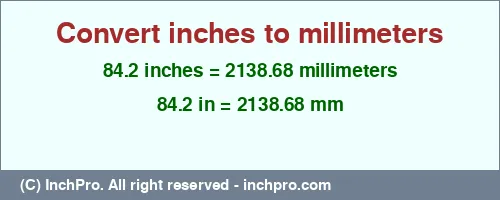 84.2 inches to mm is equal to 2138.68 (mm) Result converting 84.2 inches to mm = 2138.68 millimeters