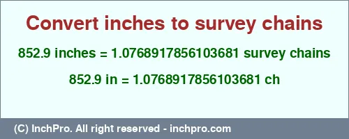 852.9 inches to ch is equal to 1.0768917856103681 (ch) Result converting 852.9 inches to ch = 1.0768917856103681 survey chains