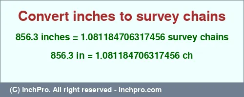 856.3 inches to ch is equal to 1.081184706317456 (ch) Result converting 856.3 inches to ch = 1.081184706317456 survey chains
