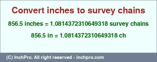 856.5 inches to ch is equal to 1.0814372310649318 (ch) Result converting 856.5 inches to ch = 1.0814372310649318 survey chains