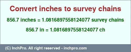 856.7 inches to ch is equal to 1.0816897558124077 (ch) Result converting 856.7 inches to ch = 1.0816897558124077 survey chains