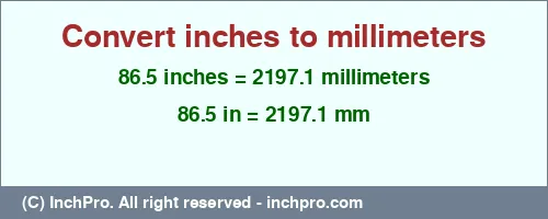 86.5 inches to mm is equal to 2197.1 (mm) Result converting 86.5 inches to mm = 2197.1 millimeters