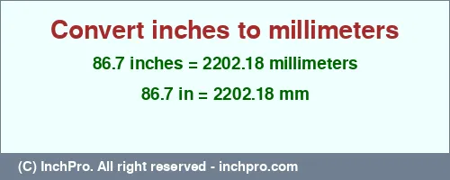 86.7 inches to mm is equal to 2202.18 (mm) Result converting 86.7 inches to mm = 2202.18 millimeters