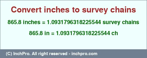 865.8 inches to ch is equal to 1.0931796318225544 (ch) Result converting 865.8 inches to ch = 1.0931796318225544 survey chains