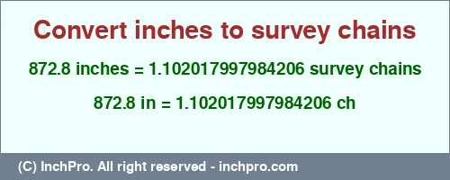 872.8 inches to ch is equal to 1.102017997984206 (ch) Result converting 872.8 inches to ch = 1.102017997984206 survey chains