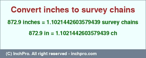 872.9 inches to ch is equal to 1.1021442603579439 (ch) Result converting 872.9 inches to ch = 1.1021442603579439 survey chains