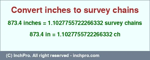 873.4 inches to ch is equal to 1.1027755722266332 (ch) Result converting 873.4 inches to ch = 1.1027755722266332 survey chains