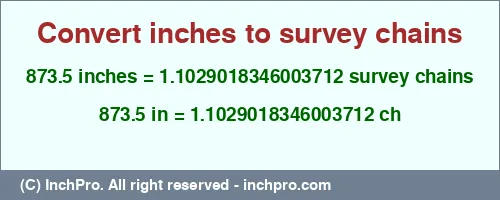 873.5 inches to ch is equal to 1.1029018346003712 (ch) Result converting 873.5 inches to ch = 1.1029018346003712 survey chains