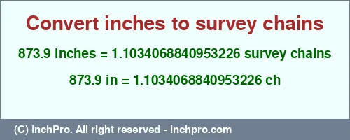 873.9 inches to ch is equal to 1.1034068840953226 (ch) Result converting 873.9 inches to ch = 1.1034068840953226 survey chains
