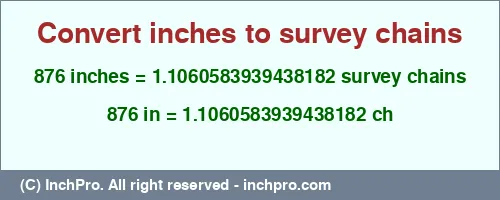 876 inches to ch is equal to 1.1060583939438182 (ch) Result converting 876 inches to ch = 1.1060583939438182 survey chains