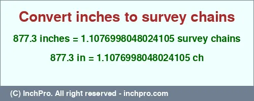 877.3 inches to ch is equal to 1.1076998048024105 (ch) Result converting 877.3 inches to ch = 1.1076998048024105 survey chains