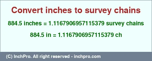884.5 inches to ch is equal to 1.1167906957115379 (ch) Result converting 884.5 inches to ch = 1.1167906957115379 survey chains