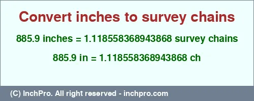 885.9 inches to ch is equal to 1.118558368943868 (ch) Result converting 885.9 inches to ch = 1.118558368943868 survey chains