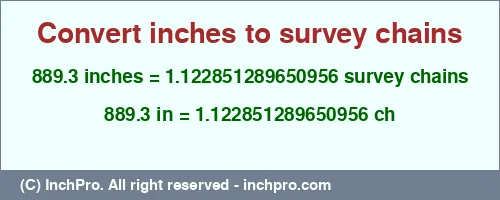889.3 inches to ch is equal to 1.122851289650956 (ch) Result converting 889.3 inches to ch = 1.122851289650956 survey chains