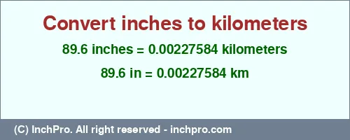 89.6 inches to km is equal to 0.00227584 (km) Result converting 89.6 inches to km = 0.00227584 kilometers
