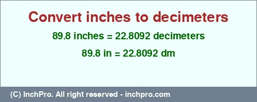 89.8 inches to dm is equal to 22.8092 (dm) Result converting 89.8 inches to dm = 22.8092 decimeters