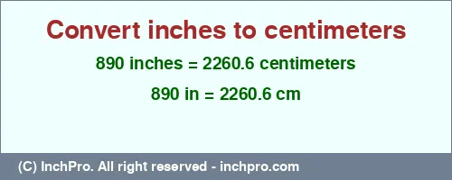 890 inches to cm is equal to 2260.6 (cm) Result converting 890 inches to cm = 2260.6 centimeters