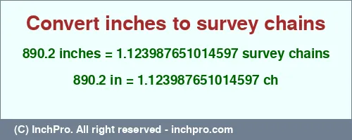 890.2 inches to ch is equal to 1.123987651014597 (ch) Result converting 890.2 inches to ch = 1.123987651014597 survey chains