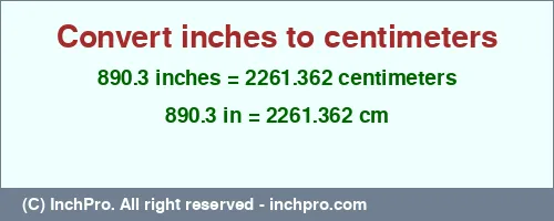 890.3 inches to cm is equal to 2261.362 (cm) Result converting 890.3 inches to cm = 2261.362 centimeters