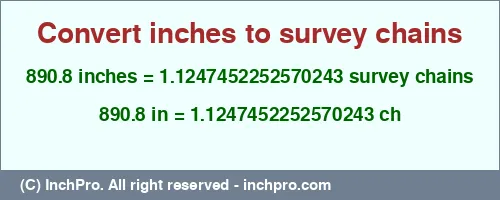 890.8 inches to ch is equal to 1.1247452252570243 (ch) Result converting 890.8 inches to ch = 1.1247452252570243 survey chains