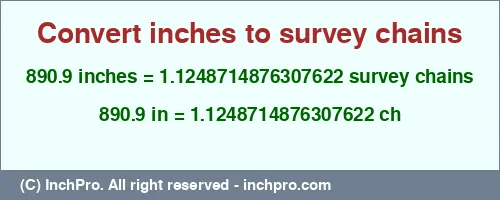 890.9 inches to ch is equal to 1.1248714876307622 (ch) Result converting 890.9 inches to ch = 1.1248714876307622 survey chains